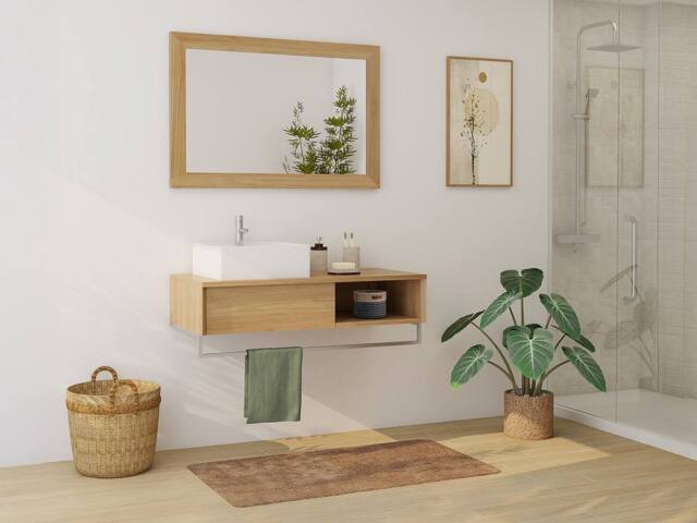 Vente-unique Wall-Mounted Teak Bathroom Vanity Unit With Towel Rail & Square in Light Oak - image 1