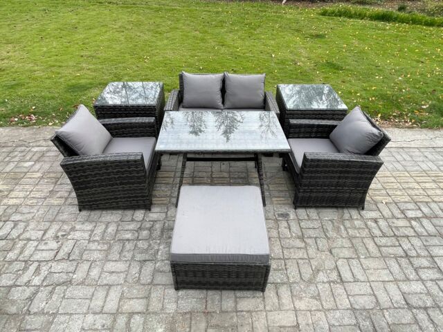 Fimous 5 Seater Outdoor Garden Furniture High Back Rattan Sofa Dining Table Set with 2 SideTables Big Footstool in Dark Grey