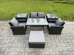 Fimous 5 Seater Outdoor Garden Furniture High Back Rattan Sofa Dining Table Set with 2 SideTables Big Footstool in Dark Grey - thumbnail 1