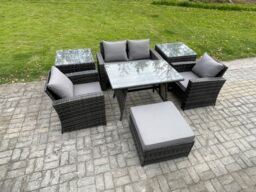 Fimous 5 Seater Outdoor Garden Furniture High Back Rattan Sofa Dining Table Set with 2 SideTables Big Footstool in Dark Grey - thumbnail 2