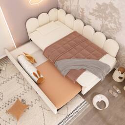 Merax 3FT Single L-Form Upholstered Daybed With Pull Out Guest Bed in Beige - thumbnail 1