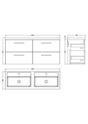 Balterley Level 1200mm Wall Hung 4 Drawer Unit & Double Basin - Bleached Oak in Brown - thumbnail 2