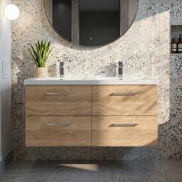 Balterley Level 1200mm Wall Hung 4 Drawer Unit & Double Basin - Bleached Oak in Brown - thumbnail 3