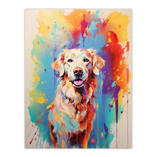 "Artery8 Wall Art Print Cream Golden Retriever Dog Lover Gift Pet Portrait Colourful Artwork Painting Poster - Size: W18"" x H24""" - image 1