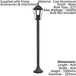 Loops IP44 Outdoor Bollard Light Black Cast Aluminium 1 x 60W E27 Tall Lamp Post - thumbnail 2