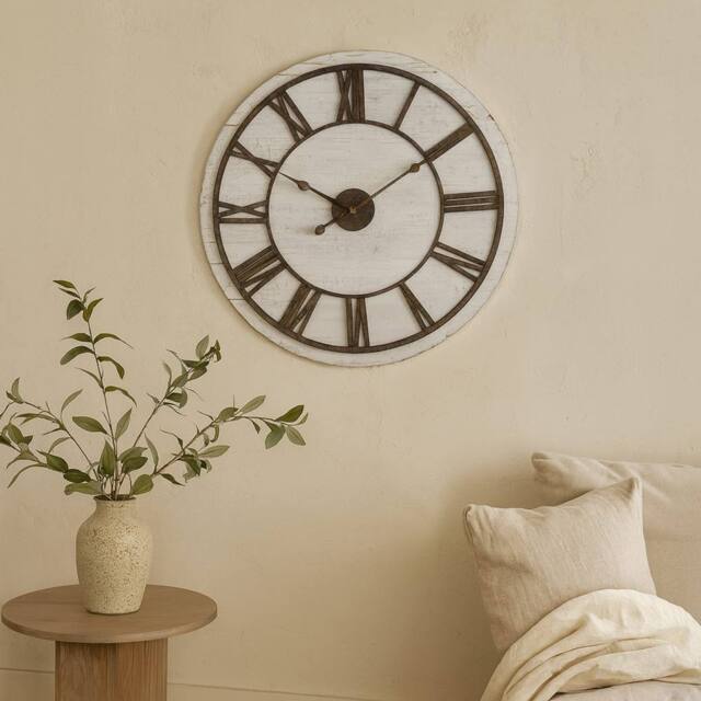 Wyld Haus 70cm Rustic Whitewashed Wooden Wall Clock Aged Metal Roman Numerals in Bronze - image 1