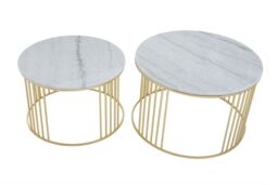 Orsina Set of 2 White Marble & Gold Frame Side Tables, Round White Marble Tops on Geometric Gold Iron Base - thumbnail 2