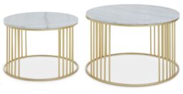 Orsina Set of 2 White Marble & Gold Frame Side Tables, Round White Marble Tops on Geometric Gold Iron Base