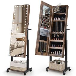 Costway Height Adjustable Jewelry Cabinet Standing Jewelry Armoire w/ 3-Color LED Mirror & Wheels in Brown