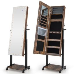 Costway Height Adjustable Jewelry Cabinet Standing Jewelry Armoire w/ 3-Color LED Mirror & Wheels in Brown - thumbnail 2