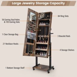 Costway Height Adjustable Jewelry Cabinet Standing Jewelry Armoire w/ 3-Color LED Mirror & Wheels in Brown - thumbnail 5