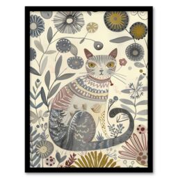 "Artery8 Rustic Cat Wildflower Field Bright Floral Pattern Framed Art Print in Beige - Size: W12"" x H16""" - thumbnail 1
