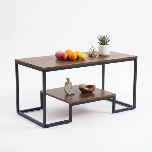 Alivio Modern Coffee Table with Metal Frame & Storage Shelves in Brown - image 1