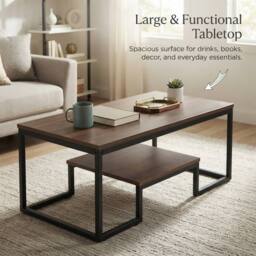 Alivio Modern Coffee Table with Metal Frame & Storage Shelves in Brown - thumbnail 9