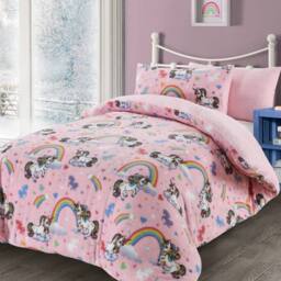 Homes-Linen Pink Unicorn Teddy Fleece Duvet Cover Set Super Soft Warm Kids Bedding - Size: Single