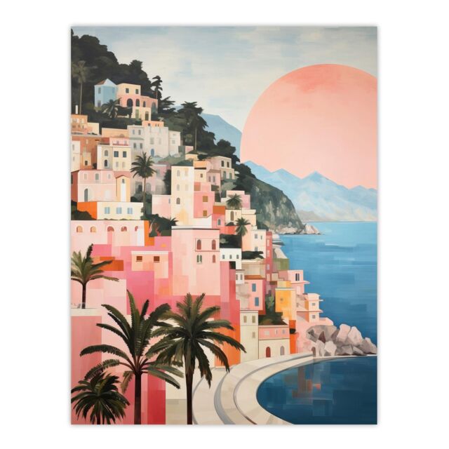 "Wee Blue Coo Wall Art Print Amalfi Sunrise Mediterranean Urban Landscape Oil Painting Pink Blue Green Coastal Cityscape Poster - Size: W18"" x H24""" - image 1