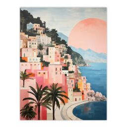 "Wee Blue Coo Wall Art Print Amalfi Sunrise Mediterranean Urban Landscape Oil Painting Pink Blue Green Coastal Cityscape Poster - Size: W18"" x H24""" - thumbnail 1