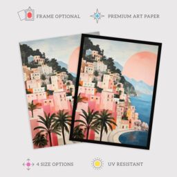 "Wee Blue Coo Wall Art Print Amalfi Sunrise Mediterranean Urban Landscape Oil Painting Pink Blue Green Coastal Cityscape Poster - Size: W18"" x H24""" - thumbnail 2