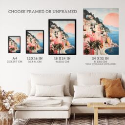 "Wee Blue Coo Wall Art Print Amalfi Sunrise Mediterranean Urban Landscape Oil Painting Pink Blue Green Coastal Cityscape Poster - Size: W18"" x H24""" - thumbnail 3