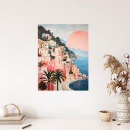 "Wee Blue Coo Wall Art Print Amalfi Sunrise Mediterranean Urban Landscape Oil Painting Pink Blue Green Coastal Cityscape Poster - Size: W18"" x H24""" - thumbnail 4