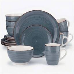 Alivio 16-Piece Porcelain Dinner Set, Lead-Free Blue Glaze Dinnerware Set for 4, Microwave & Dishwasher Safe Plates, Bowls & Mugs in Grey