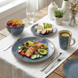 Alivio 16-Piece Porcelain Dinner Set, Lead-Free Blue Glaze Dinnerware Set for 4, Microwave & Dishwasher Safe Plates, Bowls & Mugs in Grey - thumbnail 6