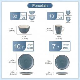 Alivio 16-Piece Porcelain Dinner Set, Lead-Free Blue Glaze Dinnerware Set for 4, Microwave & Dishwasher Safe Plates, Bowls & Mugs in Grey - thumbnail 4