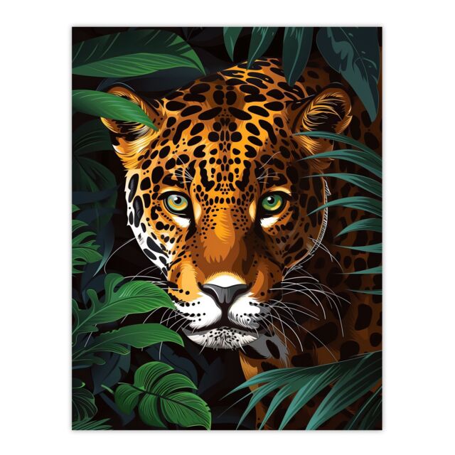 "Artery8 Powerful Jaguar Lurking In Jungle Plants Painting Wall Art Print in Dark Green - Size: W24"" x H32""" - image 1