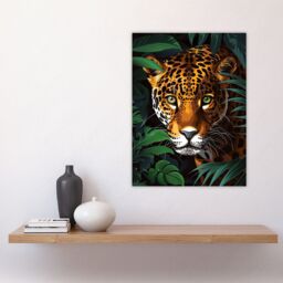 "Artery8 Powerful Jaguar Lurking In Jungle Plants Painting Wall Art Print in Dark Green - Size: W24"" x H32""" - thumbnail 4