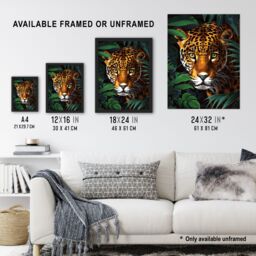 "Artery8 Powerful Jaguar Lurking In Jungle Plants Painting Wall Art Print in Dark Green - Size: W24"" x H32""" - thumbnail 3