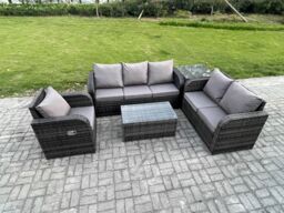 Fimous Patio Garden Furniture Sets Wicker 6 Seater Outdoor Rattan Furniture Sofa Sets with Rectangular Coffee Table Reclining Chair in Dark Grey - thumbnail 2