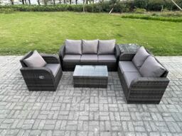 Fimous Patio Garden Furniture Sets Wicker 6 Seater Outdoor Rattan Furniture Sofa Sets with Rectangular Coffee Table Reclining Chair in Dark Grey - thumbnail 1