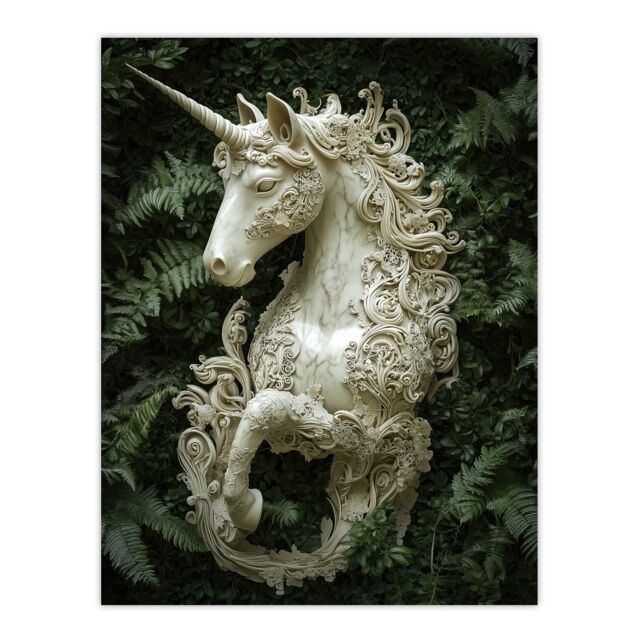 "Artery8 Filigree Marble Unicorn Statue Fern Frond Leaves Wall Art Print in Green - Size: W24"" x H32""" - image 1