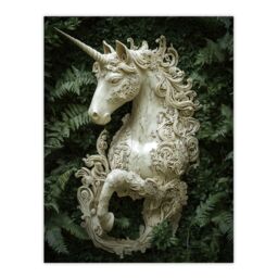 "Artery8 Filigree Marble Unicorn Statue Fern Frond Leaves Wall Art Print in Green - Size: W24"" x H32""" - thumbnail 1