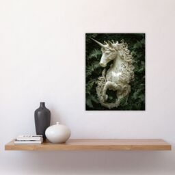 "Artery8 Filigree Marble Unicorn Statue Fern Frond Leaves Wall Art Print in Green - Size: W24"" x H32""" - thumbnail 4