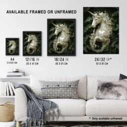 "Artery8 Filigree Marble Unicorn Statue Fern Frond Leaves Wall Art Print in Green - Size: W24"" x H32""" - thumbnail 3