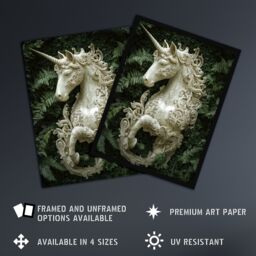 "Artery8 Filigree Marble Unicorn Statue Fern Frond Leaves Wall Art Print in Green - Size: W24"" x H32""" - thumbnail 2