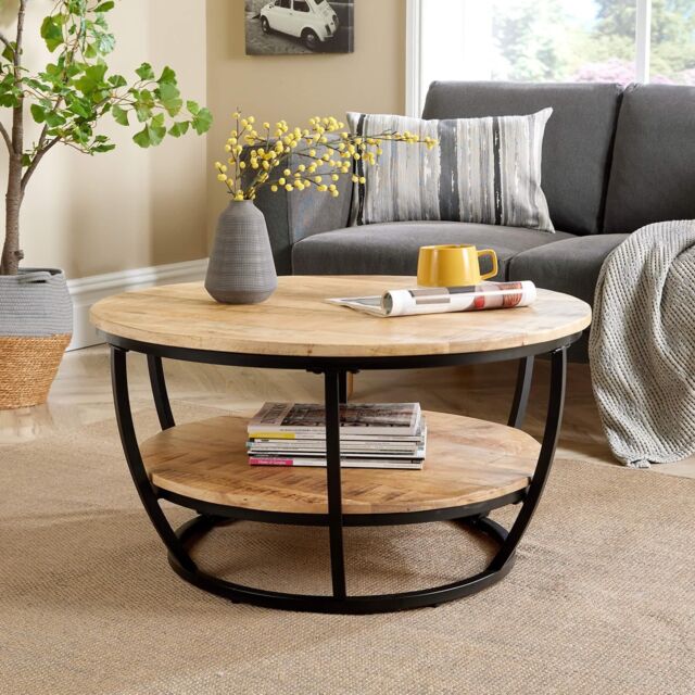 Home Source Cage Style Coffee Table Mango Wooden Top Iron Frame Storage Shelf Home in Light Oak - image 1