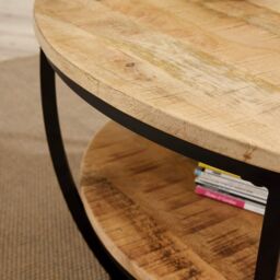 Home Source Cage Style Coffee Table Mango Wooden Top Iron Frame Storage Shelf Home in Light Oak - thumbnail 7