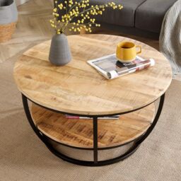 Home Source Cage Style Coffee Table Mango Wooden Top Iron Frame Storage Shelf Home in Light Oak - thumbnail 4