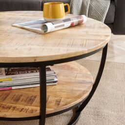 Home Source Cage Style Coffee Table Mango Wooden Top Iron Frame Storage Shelf Home in Light Oak - thumbnail 5