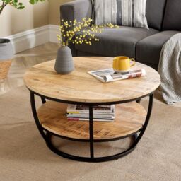 Home Source Cage Style Coffee Table Mango Wooden Top Iron Frame Storage Shelf Home in Light Oak - thumbnail 2