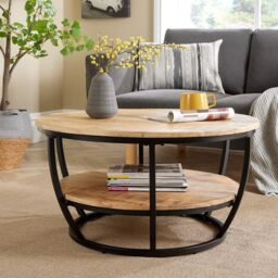 Home Source Cage Style Coffee Table Mango Wooden Top Iron Frame Storage Shelf Home in Light Oak - thumbnail 3