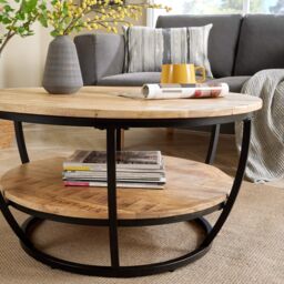 Home Source Cage Style Coffee Table Mango Wooden Top Iron Frame Storage Shelf Home in Light Oak - thumbnail 6