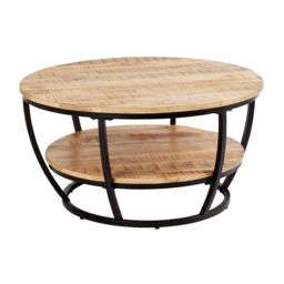 Home Source Cage Style Coffee Table Mango Wooden Top Iron Frame Storage Shelf Home in Light Oak - thumbnail 9