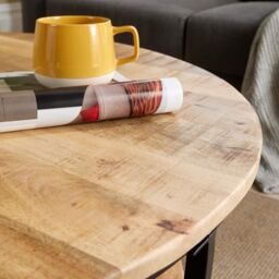Home Source Cage Style Coffee Table Mango Wooden Top Iron Frame Storage Shelf Home in Light Oak - thumbnail 8