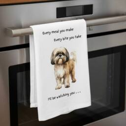 Animal Crackers Dog Tea Towel With 'Watching You' Funny Wording - Shih Tzu in White - thumbnail 2