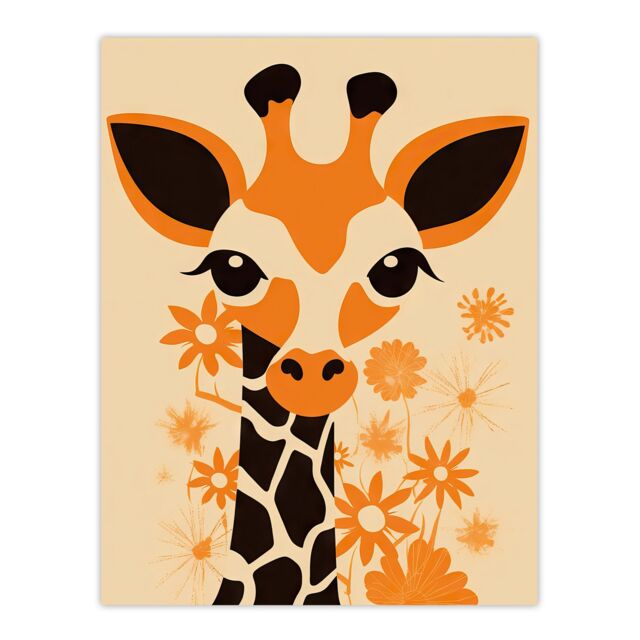 "Artery8 Wall Art Print Cute Baby Giraffe With Flowers Orange Graphic Artwork Zoo Animal Floral Kids Bedroom Painting Poster - Size: W18"" x H24""" - image 1