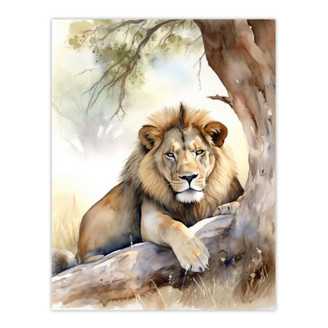 "Artery8 Majestic Lion African Savannah Watercolour Africa Unframed Wall Art Print Poster Home Decor Premium - Size: W12"" x H16""" - image 1