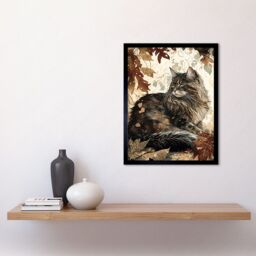 "Artery8 Wall Art Print Maine Coon Cat in Autumn Leaves Modern Watercolour Ink Art Framed in Black - Size: W12"" x H16""" - thumbnail 2
